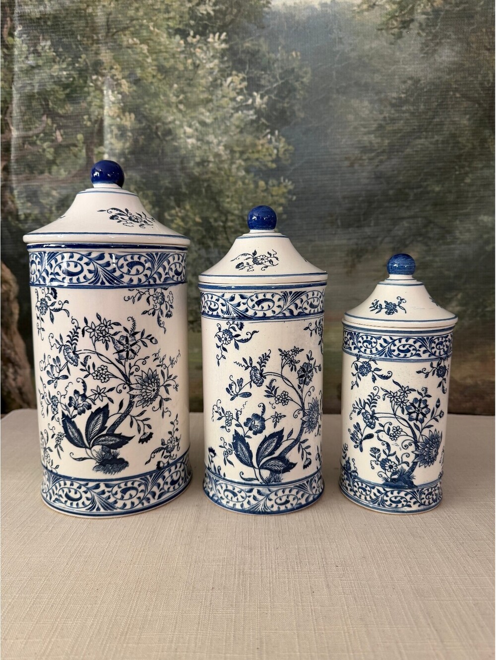 Set of 3 Blue and White Porcelain Lidded Canisters